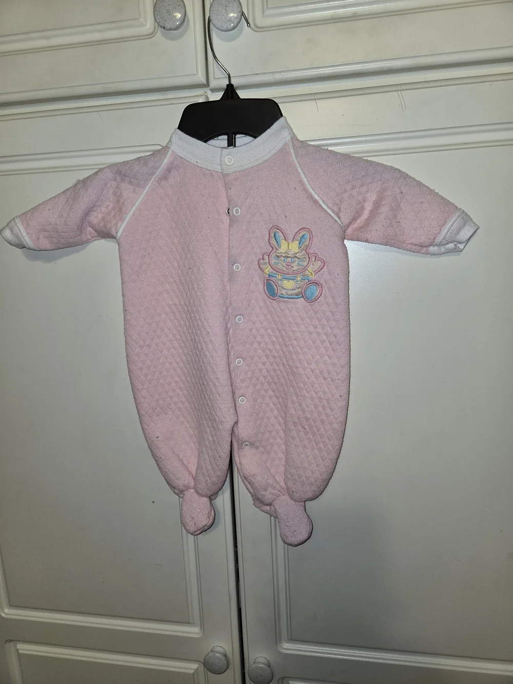 Pink Quilted Baby One-Piece Footed Romper with Bunny Patch